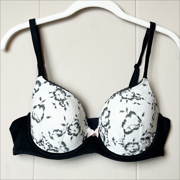 Victoria’s Secret Lined Demi Bra 34D black white lace underwire convertible - Picture 7 of 7